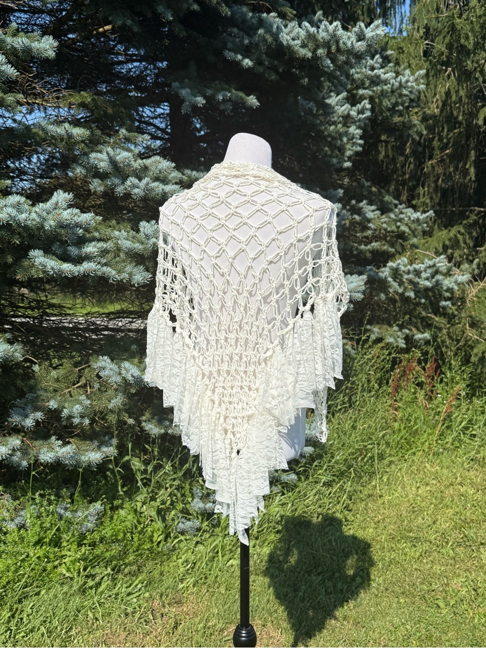 Crocheted Triangle Shawl with Lace Fringe - Cream | Handmade